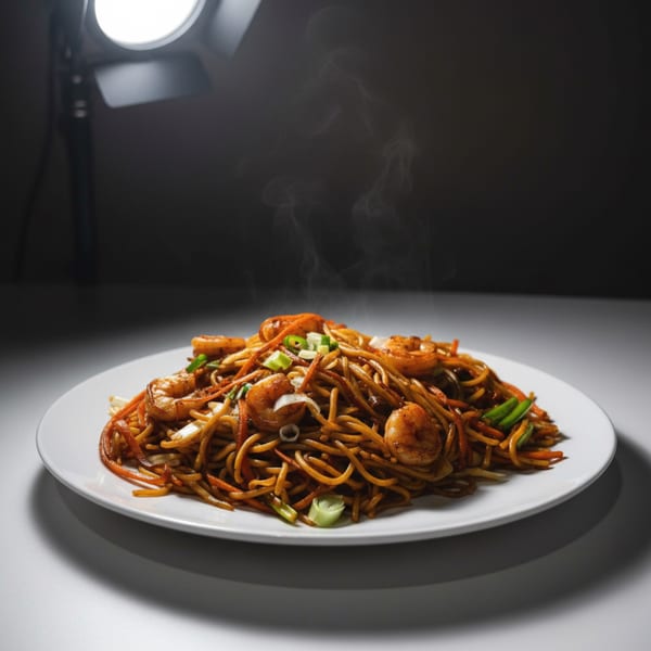 Steaming Nepalese shrimp chowmein with noodles, vegetables, and green onions on a white plate.
