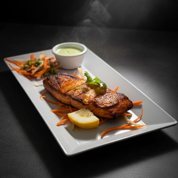 Steaming grilled salmon with lemon, cilantro, shredded carrots, and a side of green sauce on a white plate.