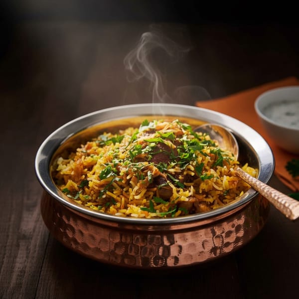 Steaming Nepalese biryani with chicken and cilantro in a hammered copper bowl with a spoon.