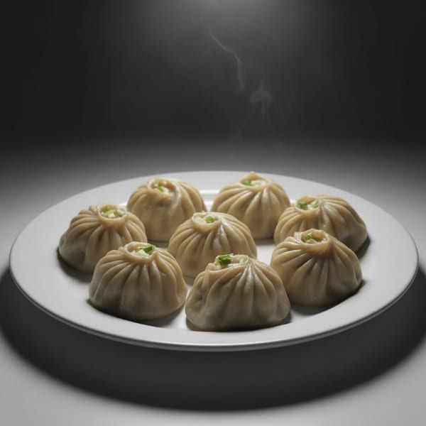 Steaming Nepalese momo dumplings, garnished with green herbs, arranged on a white plate.